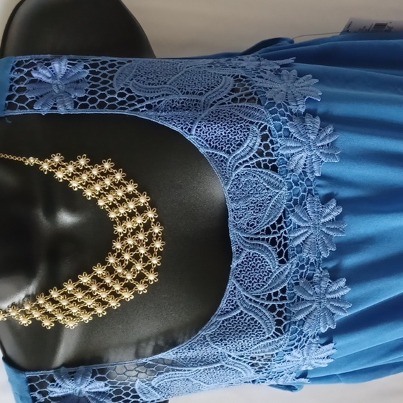 AB Studio Maxi Dress, blue, lace top, belted, L, lined, NWT - Picture 2 of 9